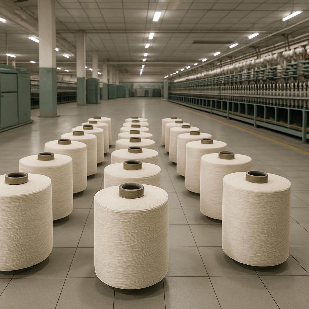 A vast, dimly lit industrial room filled with rows of large spools and rows of shelves housing additional machinery, evoki...