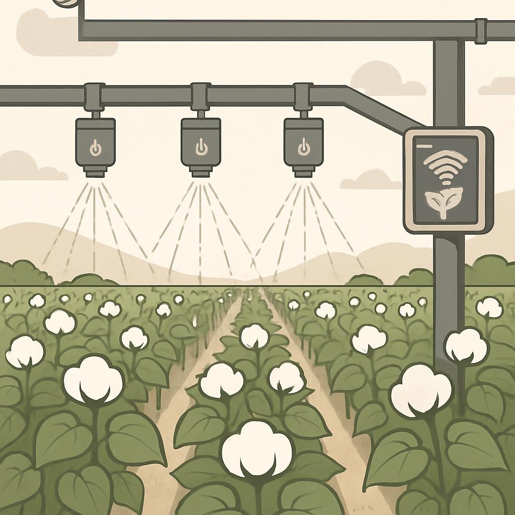 An automated irrigation system in a cotton field, with three sprinklers and a control unit, using green and brown shading.