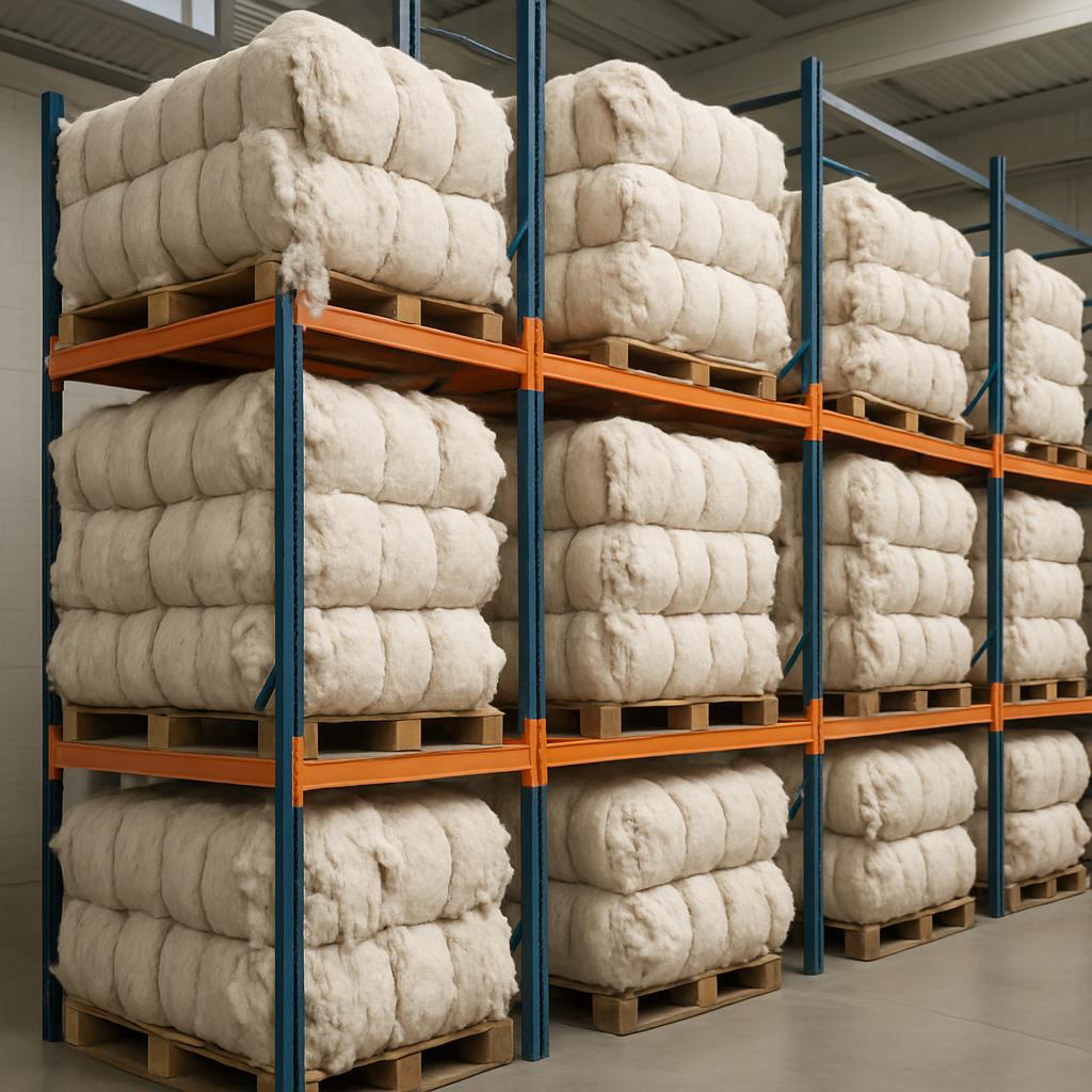 The alt text is: Warehouse with Vertical Shelving Units stocked with large bales of cotton.