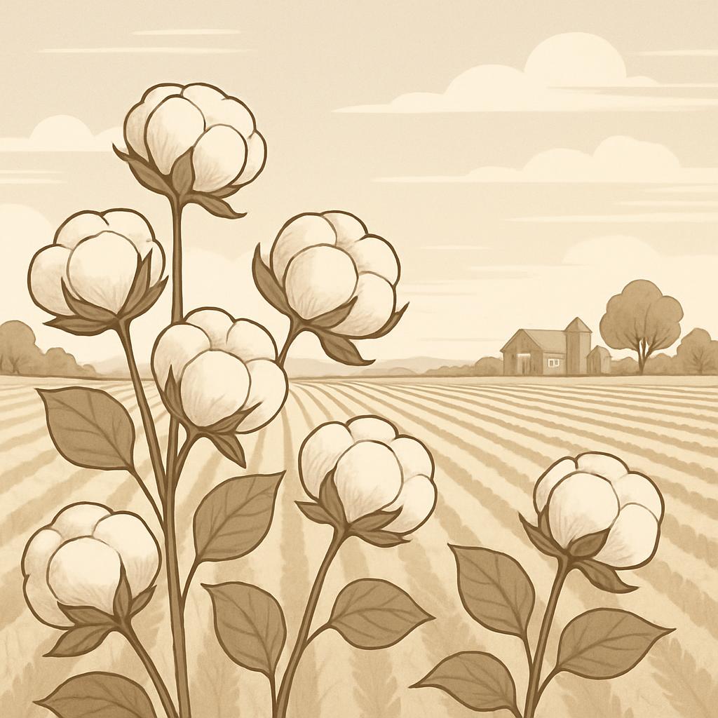 A stylized illustration of cotton plants with fluffy, white bolls growing, roman numeral style, in a field, in the traditi...