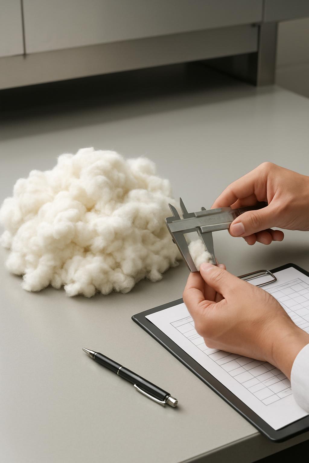 title An image of hands measuring cotton using a caliper, usually seen in a laboratory or testing environment, suggesting the ma...