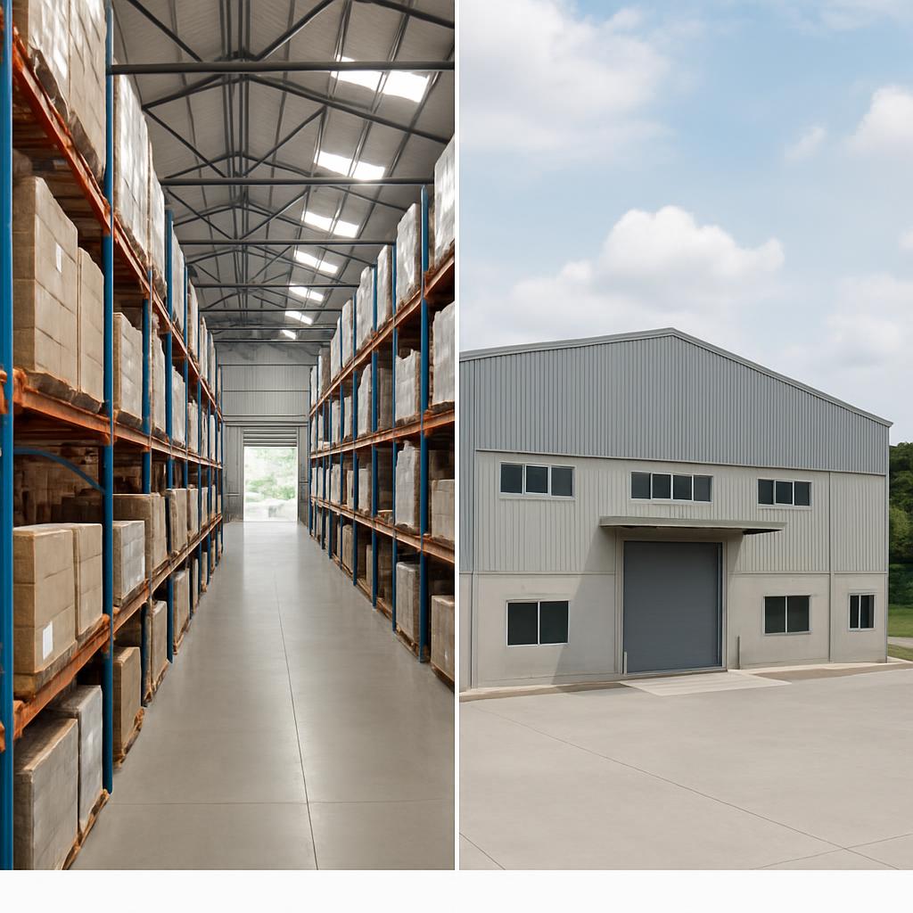 Warehouse interior and exterior. warehouse, storage facility